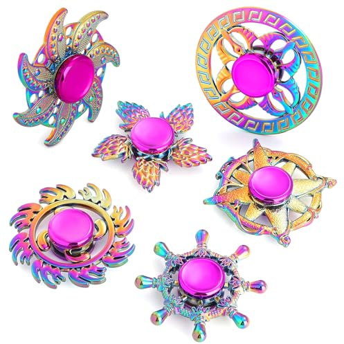 SCIONE Jouet Sensoriel Fidget Spinner Lot de 6, Métal Arc-en-Ciel pour Enfants avec Autisme et TDAH, Aide à la Concentration, Rotation 2-3 Min, Récompense de Classe