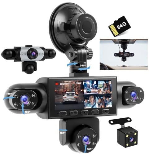Realdio Dashcam Coche 5 Canales 1080P IPS 3,16 Gran Angular Incluye 64GB | Visión Nocturna IR Clara, Grabación en Bucle Continua, Ayuda de Marcha Atrás, Compensación de Exposición