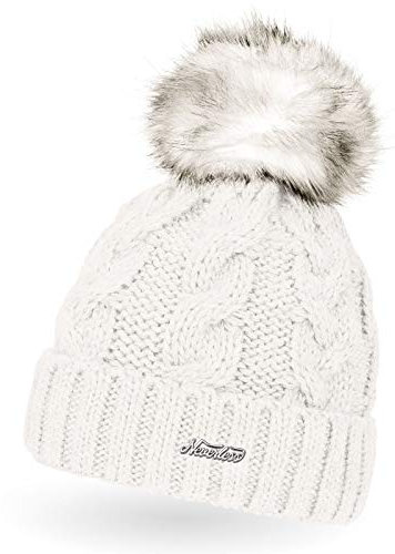 Neverless® Damen Strickmütze mit Fleecefutter und Kunstfell Bommel Zopfmuster Grobstrick Wintermütze Bommelmütze Model 2207 Creme Unisize