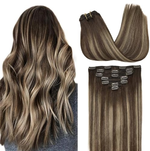 GOO GOO Clip in Human Hair Extensions, 18inch 120g 7pcs, Hair Extensions Clip in, 4/26/4 Chocolate Brown to Honey Blonde