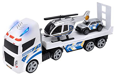 Teamsterz Mighty Machines Petit Transporteur hélicoïdal de Police | Transporteur de Police Lumineux et sonore avec Voiture de Police et hélicoptère | Figurines et véhicules de Jeu pour Enfants