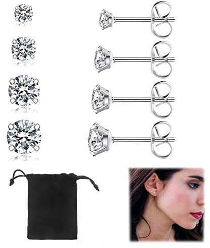 LICHUAN 4 Paires de Boucles d'Oreilles en Argent et Diamant pour Hommes et Femmes - 3, 4, 5, 6 mm