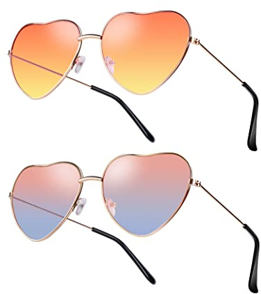 2 Paare Sonnenbrillen Damen Herz Geformt Sonnenbrille Metallrahmen Retro Sonnenbrille Hippie Brille Party Kostümzubehör für Herren Und Mädchen