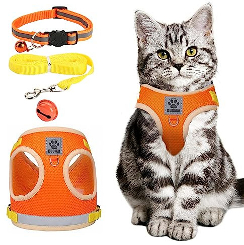 Verstellbar Reflektierend Katzen Geschirr Set mit Leine,Orange Katzengeschirr Ausbruchsicher mit Katzenleine,Katzen Geschirrset Enthalten Halsbänder Leine und Brustgeschirr (M)
