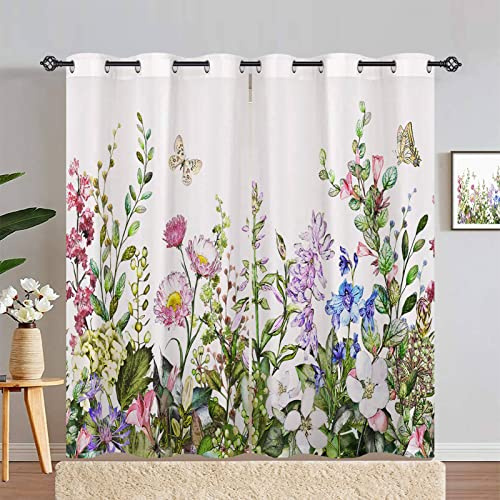 ANHOPE Floral Curtains Eyelet Soft Thermal Insulated Blackout Curtains Watercolor Botanical Flower Butterfly Print Pattern Ring Top Window Drapes for Bedroom Living Room 46 x 90 Inch Drop 2 Panels
