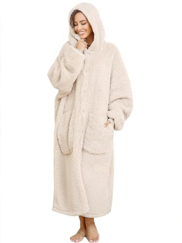 ililmmoe Plüsch Hoodie Decke für Frauen und Männer,Super warme und gemütliche große tragbare Decke Hoodies Homewear,Dicke lose Plüsch Mäntel(Beige,L)