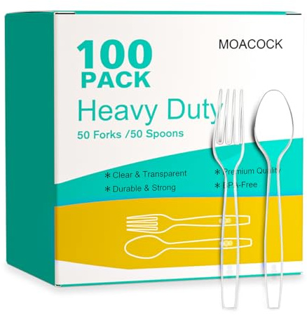 MOACOCK 100 Count Exact Heavy Weight Plastic Forks and Spoons