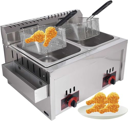 LPG Gasfritteuse, 10 l, Edelstahl, ideal für den privaten und gewerblichen Gebrauch, einstellbare Feuerkraft, komplett mit Körben und Deckeln für Pommes, Donuts, Fische, mühelose Reinigung