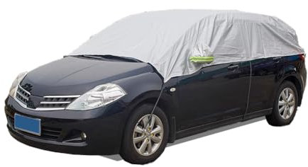 Blueshyhall Halbe Autoabdeckung Wasserdicht für Kleinwagen und Kompakt SUV, Autoabdeckung Winter Frontscheibe Seitenscheiben, Auto Abdeckplane Halbgarage Indoor Outdoor, Autoabdeckung Stoff SUV