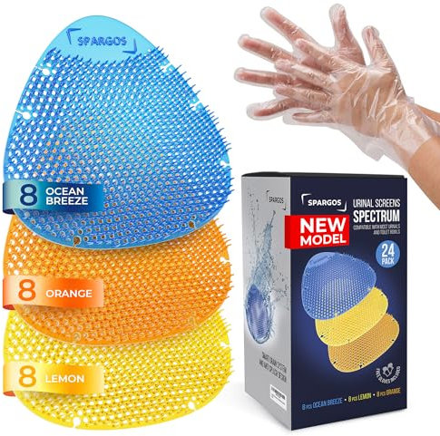 Urinal Screen Deodorizer (24 Pack) - Urinal Mats - Anti-Splash Toilet Smell Refresher Protection for Bathroom Office, Stadiums, Schools with Free Gloves - 8pcs Blue 8pcs Yellow 8pcs Orange