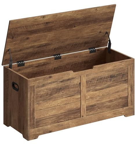 VASAGLE Schuhbank, Sitzbank mit Stauraum, Sitztruhe mit 2 Sicherheitsscharnieren, Aufbewahrungsschrank, Landhausstil, 40 x 100 x 46 cm, für Flur, Schlafzimmer, Wohnzimmer, honigbraun LSB061K01