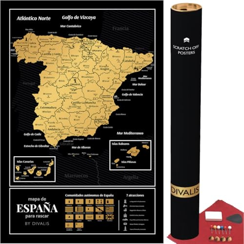Carte à Gratter de l'Espagne pour Marquer les Voyages - Grande Carte à Gratter - Carte de l'Espagne à Gratter par Provinces et Villages - Scratch off Spain Map - Scratchable Spain Poster