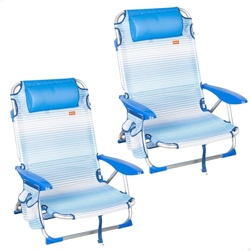 AKTIVE Pack 2 sillas Playa Plegables, 4 Posiciones, Rayas Azul, 51x45x76 cm, Incluyen cojín Acolchado, Bolsillo Lateral, Asas, Máximo 110 kg, Topes antivuelco, Multiposición, Respaldo reclinable