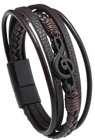 HOPWODE Bracelet Cuir Homme,Bracelet en Cuir pour Homme, Bracelet Personnalisé avec Notes de Musique Noires, Bracelet en Cuir Tressé Multicouche, Bracelet Marron Réglable, Cadeau pour Papa, Petit