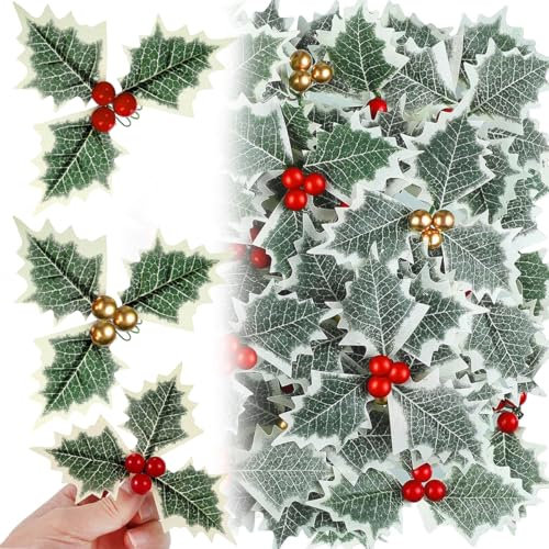 VYAOCJL Artificial Holly Berries with Green Leaves, 20PCS Artifical Red Holly Berry Flowers for Christmas Tree Arrangement Decorations, Christmas Decoration Gift Box Party Decorations