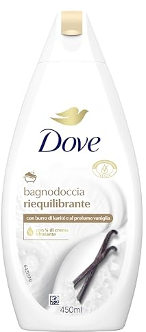Dove Bagnodoccia Riequilibrante, Idratante Dermo-Naturale, Burro di Karité e Vaniglia, 1/4 Crema Idratante, Dermatologicamente Testato, Bagnoschiuma Uomo e Donna, 100% Bottiglia Riciclata* 450ml