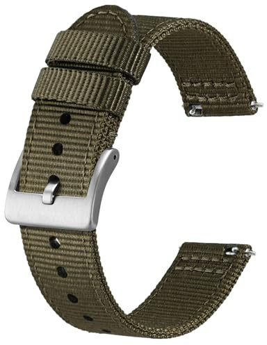 BISONSTRAP Men’s Nylon Watch Bands, Two-Piece Military Watch Straps, Quick Release, Brushed Buckle, 20mm, Army Green (Silver Buckle)