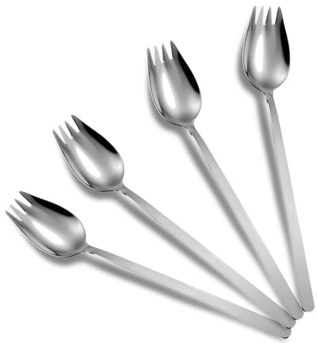 Yuanchu 4 Stück Edelstahl Spork Göffel, 2 In 1 Abendessen Gabel Lang Salatlöffel Suppenlöffel Obst Salatgabel Nudellöffel Multifunktion Löffel und Gabel für Camping zu Hause oder auf Reisen Silber