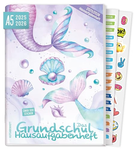 Häfft® Hausaufgabenheft Grundschule 2025/2026 A5 Meerjungfrau Das Grundschul-Hausaufgabenheft inkl. Lerntipps, Sticker, Denkspiele - nachhaltig & klimafreundlich
