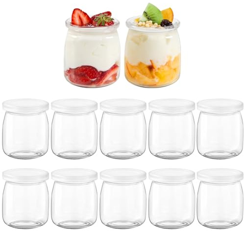 FoiiLiio 200ml Vasetti per yogurt con coperchio,12 Vasetti Yogurt Vetro,Vasetti Vetro piccoli per Yogurt,piccoli barattoli di vetro con coperchi,barattoli per yogurt per budino