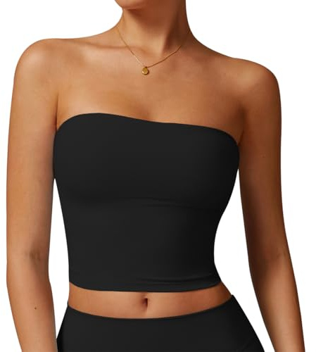 AOWVUTS Bandeau Tube Top Femme Sexy sans Manches Crop Tops Haut Court Slim Fit Y2K Gilet Cami Top Élégant Sports Tank Tops Bustier sans Bretelles D'été Basiques Yoga Fitness T-Shirt Tendance Streewear