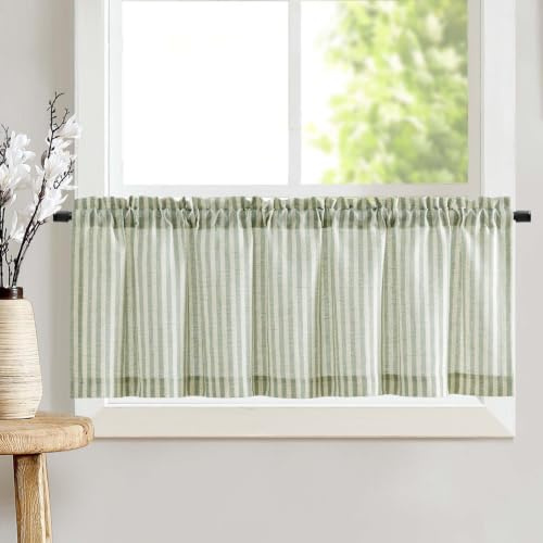 TOPICK Green Striped Kitchen Curtain, Cafe Curtain Valance W50 xL16 1 PC | Linen Look Light Filtering Small Short Curtains for Living Room, Bathroom, Cupboard, Bedroom, Sink, Basement