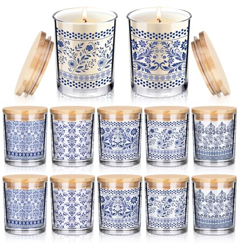 Ziliny 10 Pcs Christmas Blue and White Porcelain Glass Candle Jars Empty Containers Bulk 7 oz Ceramics Glass Jars with Cork Lids Tins for Candle Making Storing Biscuits Tea Party Favors