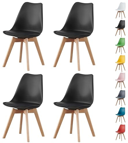 MOF Dining Chairs Set of 4 – Modern Faux Leather Dining Room Chairs with Wooden Legs, Padded Seat & Curved Backrest–Easy to Clean Chair for Lounge, Kitchen, Office - Stylish DELUXE Retro EVA (BLACK)