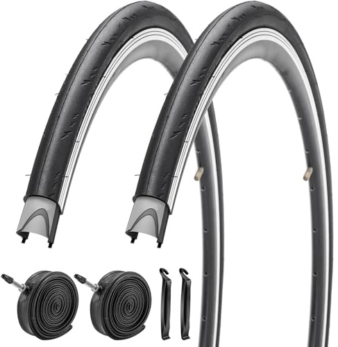 Pair 700C Road Racing Bike Slick Tyres 700 x 28c 28-622 with Presta Valve 48mm Inner Tubes and Rim Strips for Road Bicycle Touring Bicycle Bike