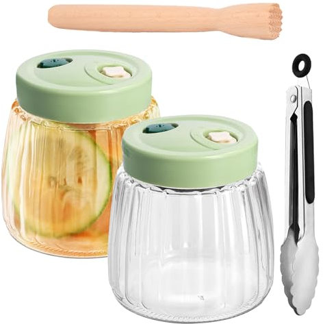2 Bocaux en Verre 1L avec Double Valve pour Fermentation, Bocal Hermétique avec Couvercle, Fermenteur Polyvalent, Récipients de Kimchi, avec Pince et Pilon de Fermentation, pour Confitures, Confitures