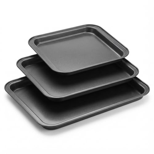 Woobroo Set of 3 Baking Trays for Oven Non Stick, 37/32/26 cm Stackable Oven Sheets, Cooking Roasting Tins for Ovens - Dishwasher Safe-Black