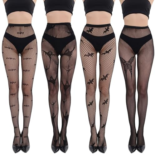 4 Pairs Fishnet Tights for Women Halloween Fishnet Stockings High Waisted Fishnets Pantyhose Sexy Ladies Spider Bat Love Mesh Tights for Party Holiday
