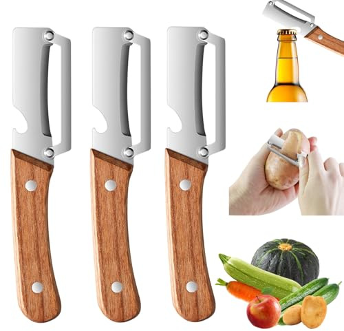 Pelador de Verduras Multifunción, 3 Piezas Pelador Multifuncional 2 en 1, Pelador de Patatas y Frutas, Pelador Patatas, con Abrebotellas, para Patatas, Manzanas, Calabazas y Papayas