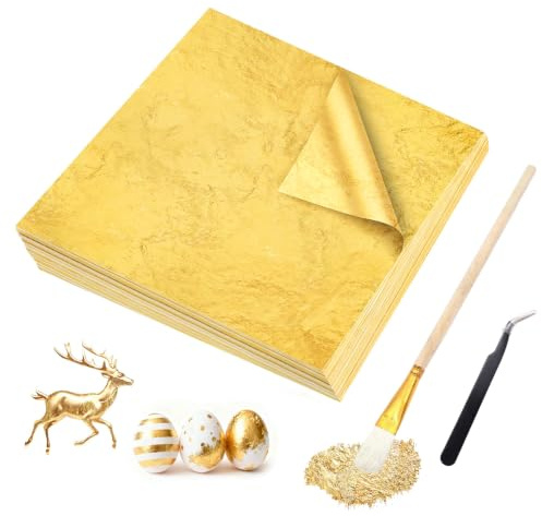 lomdung 200 Pezzi Foglia Oro, 14 x 14cm Foglie Imitazione Foglia d'oro, Foglie Oro Decorazione, Pinzetta e Pennello Morbido Inclusi, per Nail Art, Pittura, Artigianali e Decorazione di Mobili