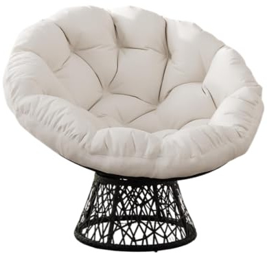ZoomBuggy Sillón Papasan Giratorio 360° de Rattan con Cojín Suave, Silla Papasan Redonda, Carga máxima 158 kg, para Salón, Dormitorio, Jardín, Balcón, Interior y Exterior, Beige