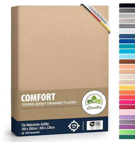 leevitex® Premium Topper Spannbettlaken 180x200–200x220 cm | 18 cm Steghöhe – für Topper & Boxspringbett | 100% Mako-Jersey-Baumwolle | ÖKO-TEX Zertifiziert | 170 g/m² | Sand/Cappuccino