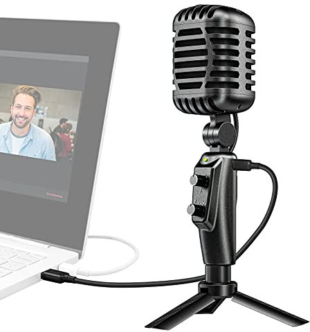 Moman Retro USB Mikrofon PC Gaming, 16-mm-Membran Handy Microphone 192kHz/24bit mit Stativ Tischmikrofon Typ-C Kabel OTG für Computer Mac Laptop Smartphone Gaming Streaming Podcast YouTube EMR