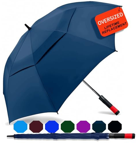 SIEPASA Golf-Regenschirm, groß, 157.5 cm, automatisch, geöffnet, Golf-Regenschirm, extra groß, übergroß, doppeltes Baldachin, belüftet, winddicht, für Damen und Herren. (Marineblau, roter Griff)