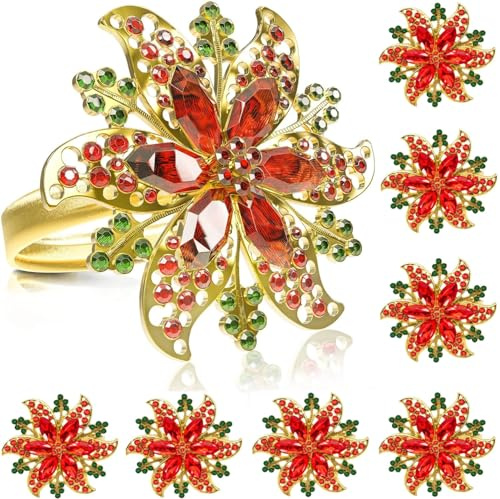 LATERN 8 Pezzi Anelli di Tovagliolo di Natale, Oro Portatovaglioli con Fiori Fibbia per Tovaglioli con Strass per Pranzo Vacanza Nozze Festa Tavolo Decorazione (5 x 4cm)
