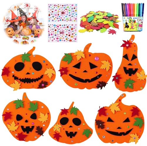 Giugio Lot de 76 pièces pour enfants - Kit de bricolage citrouille - En feutre - Avec feuilles tombées - Strass autocollants et stylos colorés - Pour garçons et filles (A)