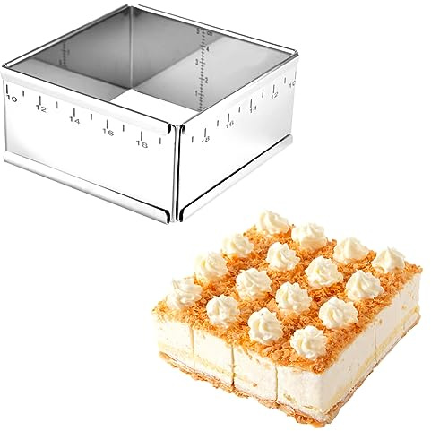 Guowall Adjustable Square Mousse Cake Mould, Stainless Steel Expandable Rectangular Baking Frame for Mousse Cakes, Tiramisu, 10 to 18 cm