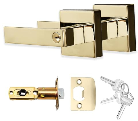 XFORT Quad Entrance Knob Set Polished Brass, Door Knob with Lock for Internal Wooden Doors, Complete Set with Tubular Latch and 3 Keys