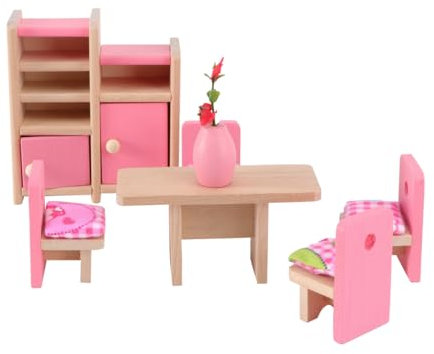 Toyvian Entzückendes Mini-puppenhaus-möbelset Aus Holz Esstisch Und Stühle Vitrine Vase