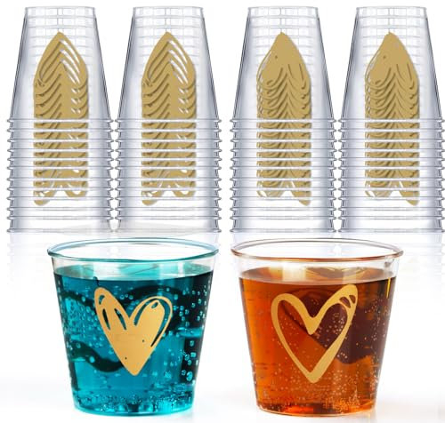 GEBETTER 50 pcs Clear Plastic Shot Glasses 30ml Reusable Drinking Tasting Cups with Heart Pattern for Wedding Anniversary Holiday Birthday Christmas BBQ Picnic Party