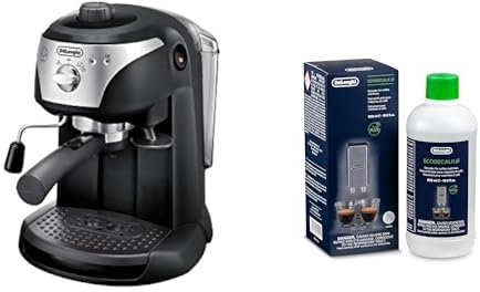 De'Longhi Espressomaschine EC 221.B – Espresso Siebträgermaschine mit manuellem Milchaufschäumer, für Kaffeepulver oder ESE Pads Geeignet, 1 l Wassertank, schwarz mit DLSC 500 Entkalker