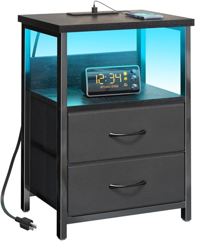 Fixwal Night Stand with Charging Station, LED Nightstand with U-S-B Ports and Outlets for Small Spaces, 2 Fabric Storage Drawers, Bedside Table End Tables Bedroom, Modern Black