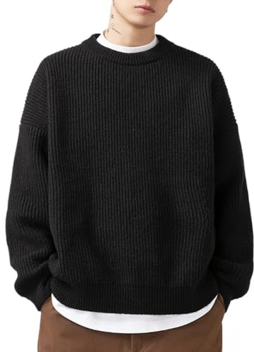Men's Vintage Grandpa Aesthetic Sweaters Crewneck Knitted Sweatshirt Pullovers Y2K Grunge Clothing Korean Streetwear (Black,3XL)
