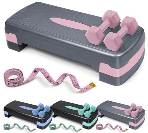 Aerobic Stepper Set with Dumbbells & Measuring Tape, Adjustable Height 2 Level Risers Workout Exercise Step Platform, Pink Grey, the Ultimate Gift for a Joyful Holiday and Merry Christmas