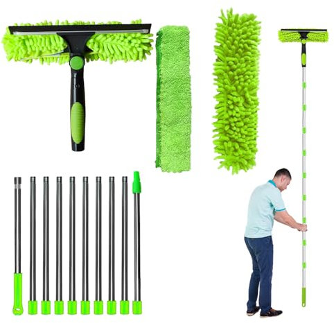 4.5M Window Cleaning Kit, Extra Long 2-in-1 Extendable Window Cleaning Equipment with Microfiber Cloth Squeegee Strips for High Windows, Walls & Cars