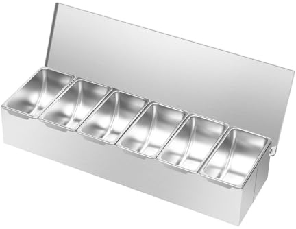 WINZING Contenedor de ingredientes de acero inoxidable con 6 rejillas, recipiente multifuncional para accesorios de cocina, a prueba de fugas, apto para lavavajillas y ahorro de espacio, para fiestas